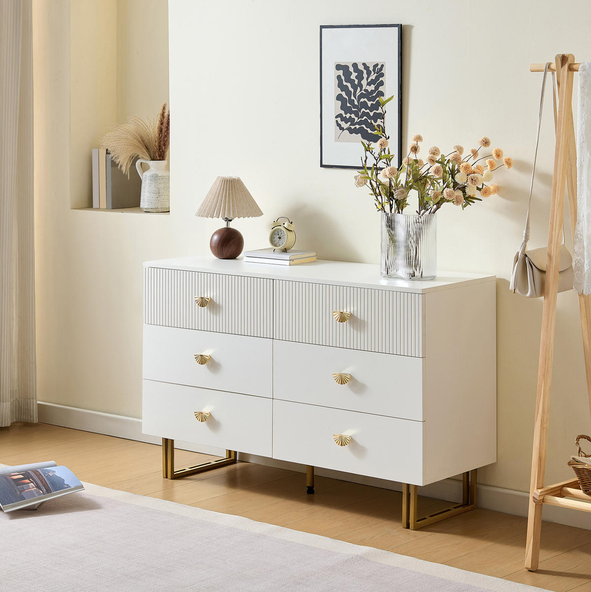 SIDEBOARD 120/40/75 cm mit 6 Schubladen in Weiß und goldfarbenen Griffen - Weiß, Holzwerkstoff (120/75/40cm) - BEAOK