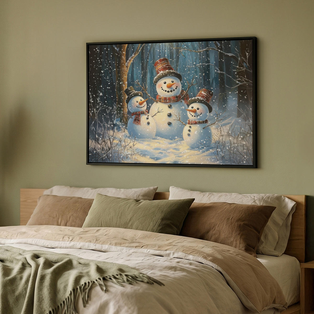 LEINWAND Bilder mit Rahmen - Schneemann - Schnee - Winter - Wald - 100x70 - Hellblau, Textil (100/70cm) - MuchoWow