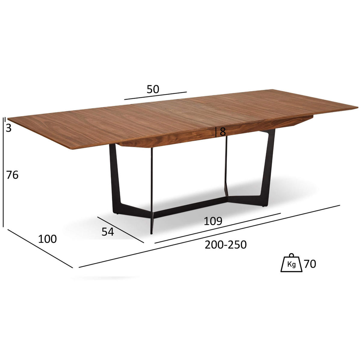 ESSTISCH 200/100/76 Amerikanisches Walnussfurnier rechteckig - Schwarz/Braun, Holz/Metall (200/100/76cm) - Furnhouse