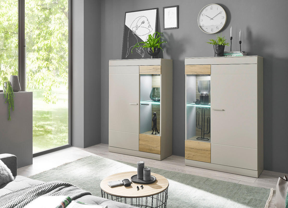 SCHRANK-SET 2-teilig grau matt, Zinneiche 190, Wohnkombination 2 x Vitrine mit Soft-Close - Eichefarben/Silberfarben, Glas/Holzwerkstoff (190/170/35cm) - Furn.Design