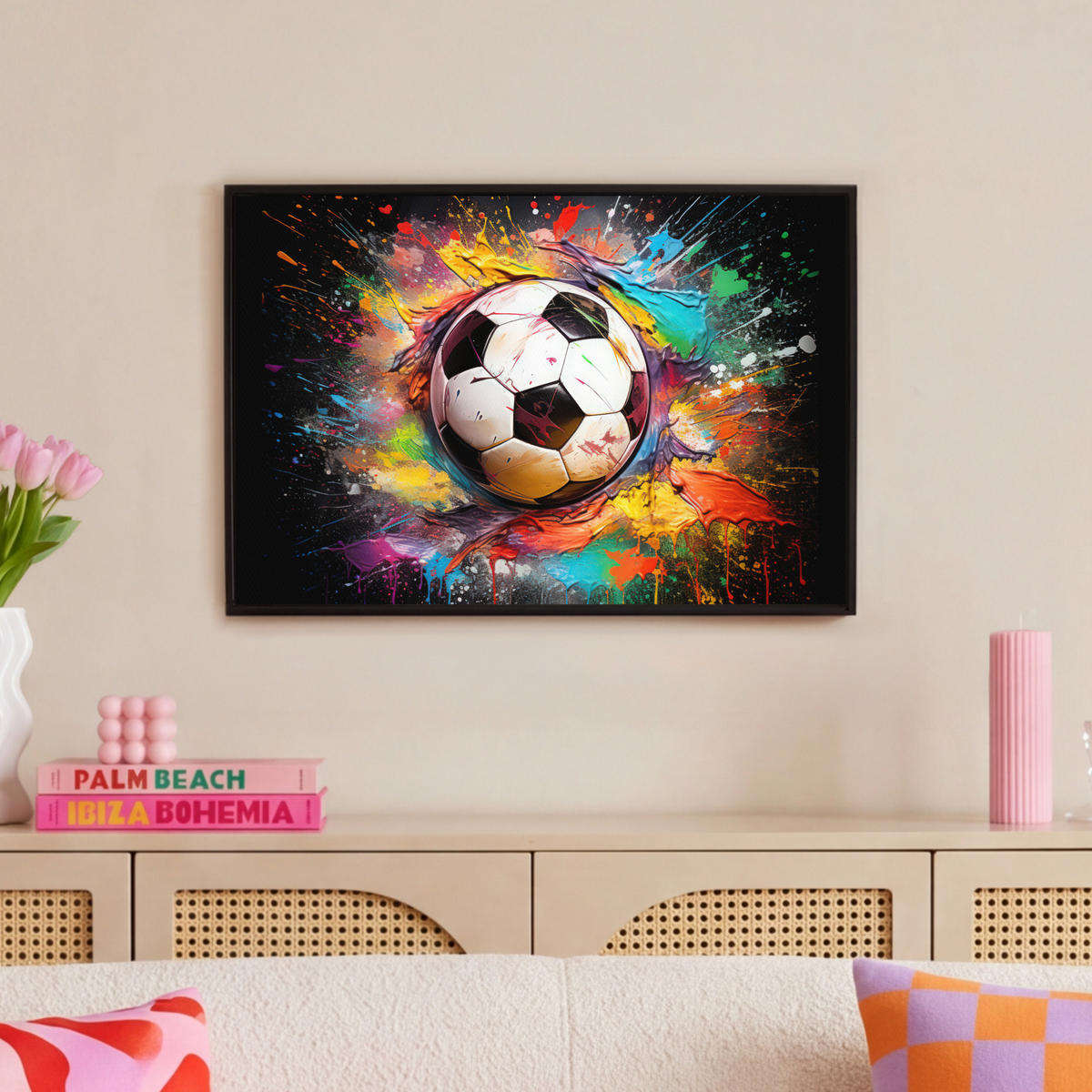 LEINWAND Bilder mit Rahmen - Fußball - Farbe - Farben - Schwarz - Weiß - 60x40 - Weiß, Textil (60/40cm) - MuchoWow