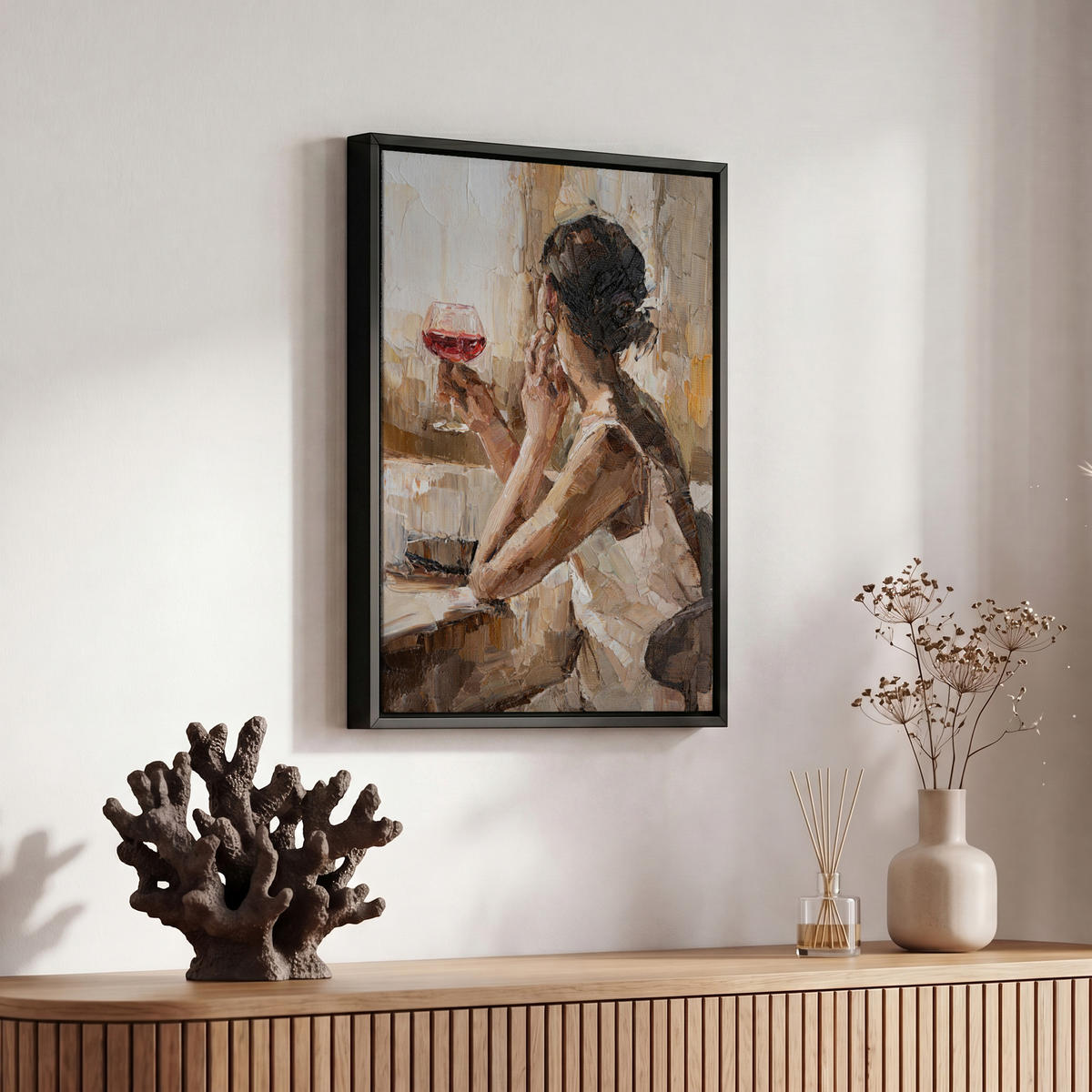 LEINWAND Bilder mit Rahmen - Ölgemälde - Frau - Wein - 20x30 - Hellbraun, Textil (20/30cm) - MuchoWow