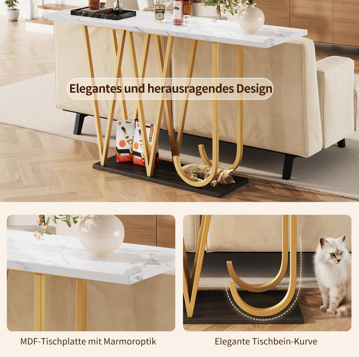 BEISTELLTISCH 120/29,5/80 cm in Weiß mit Marmoroptik und 2 Etagen - Weiß, Holzwerkstoff (120/29.5/80cm) - BEAOK