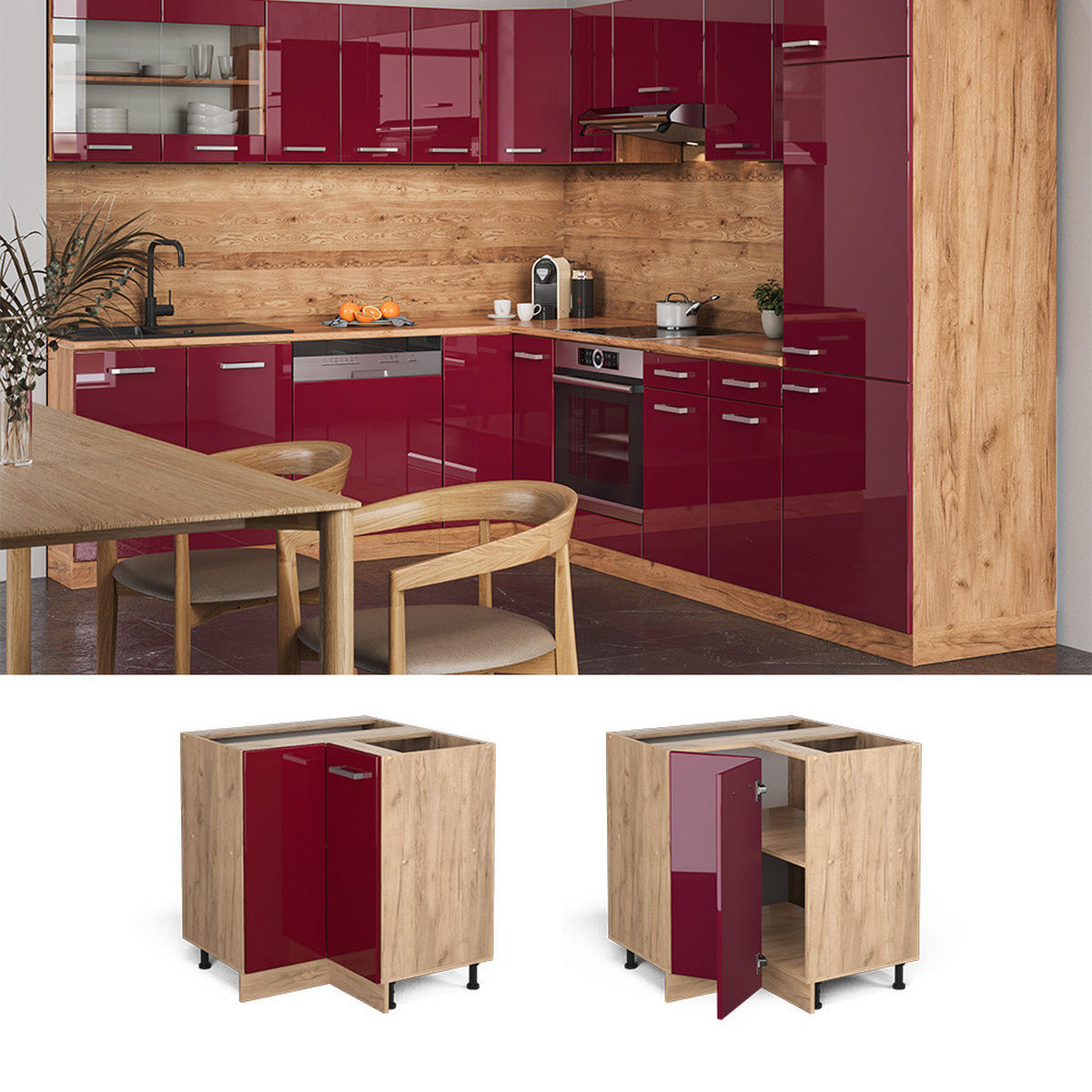 ECKUNTERSCHRANK R-Line Bordeaux Hochglanz 75.6 cm AP Marmor - Bordeaux/Eiche Wotan, Holzwerkstoff (75.6/81.6/60cm) - Vicco