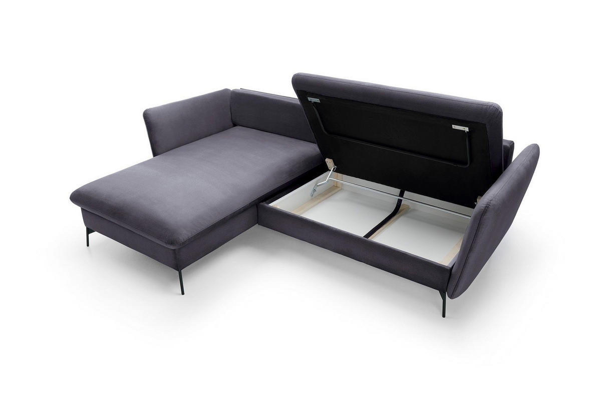 ECKSOFA FERRO Grau Velours-Stoff mit Schlaffunktion - Grau, Holz (258/167cm) - MASSENO