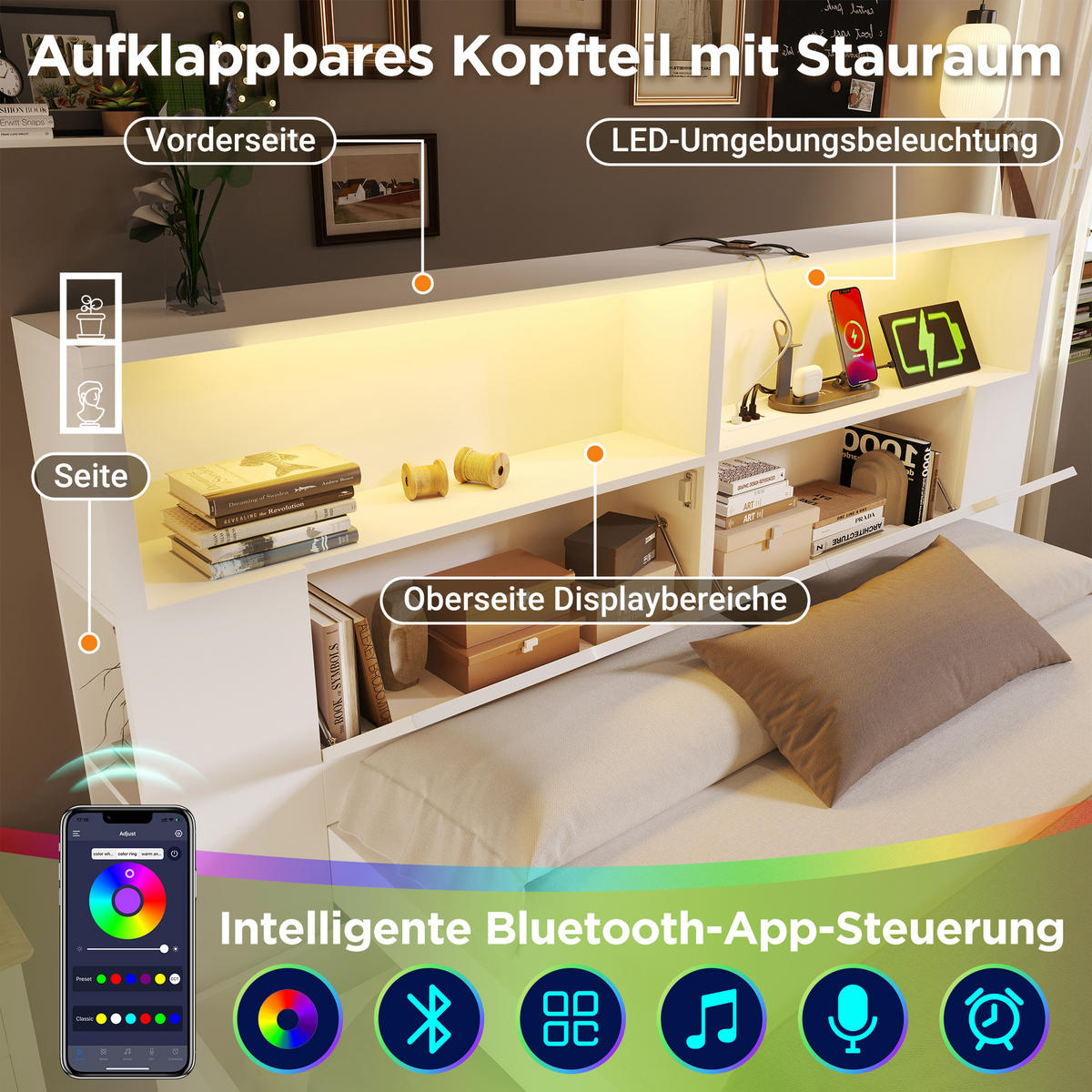 BETT 140/200 cm in Weiß mit 2 Schubladen, LED und USB - Weiß, Holzwerkstoff/Textil (140/200cm) - WISHDOR