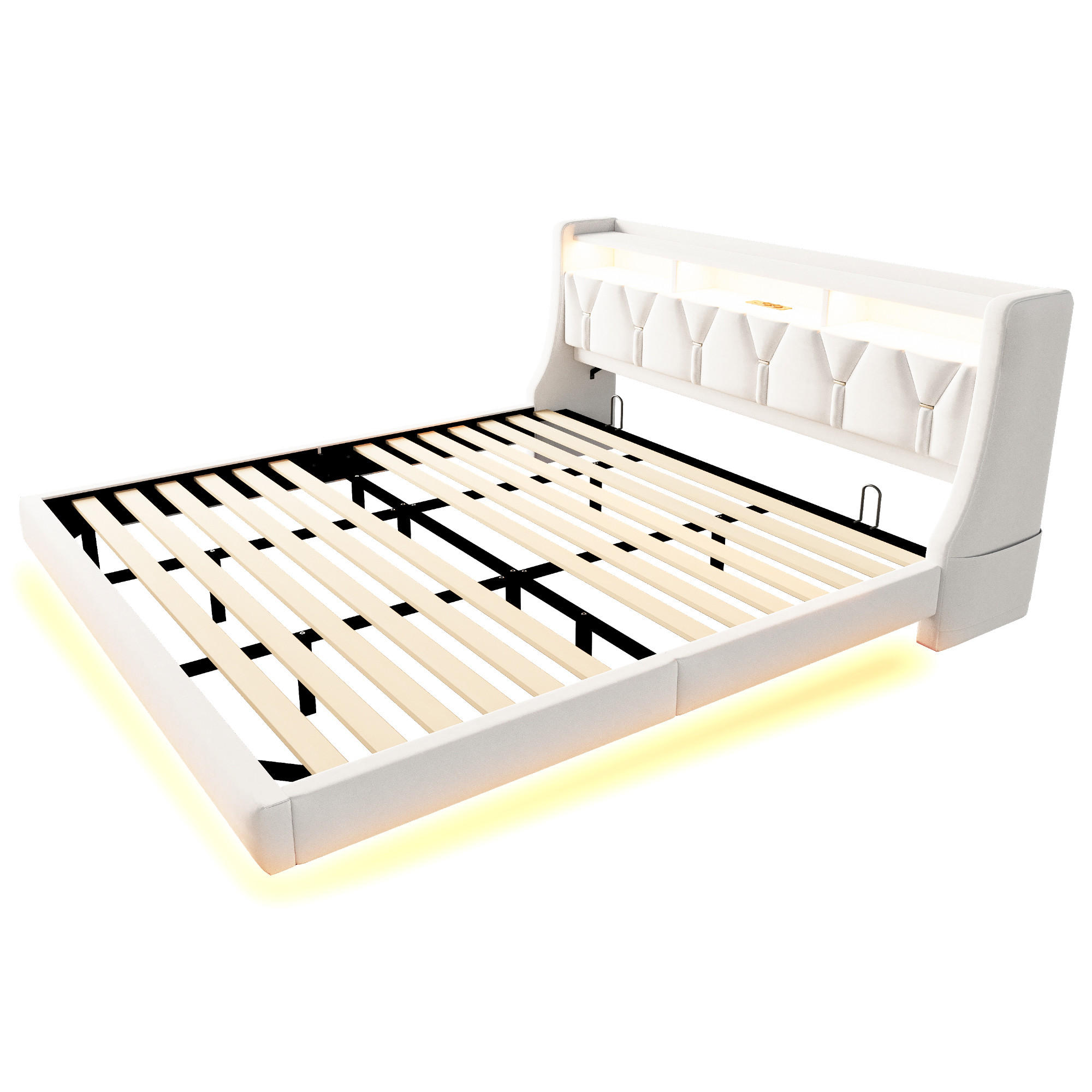 POLSTERBETT 180/200 cm DE-01666, in Beige, mit Klappkopfteil, Steckdose und LED-Beleuchtung - Beige, Holzwerkstoff (180/200cm) - ComfortXL