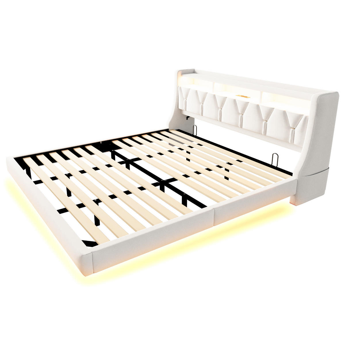 POLSTERBETT 180/200 cm in Beige mit LED, USB, Type-C und Ablage Samt - Beige, Holzwerkstoff/Textil (180/200cm) - STILVORA