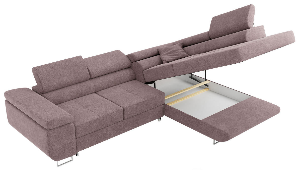 ROHOVÁ SEDAČKA GUSTAW L - Světle růžová Strukturovaná látka - Levá Strana - stříbrná/světle růžová, kov/textil (275/205cm) - MKS