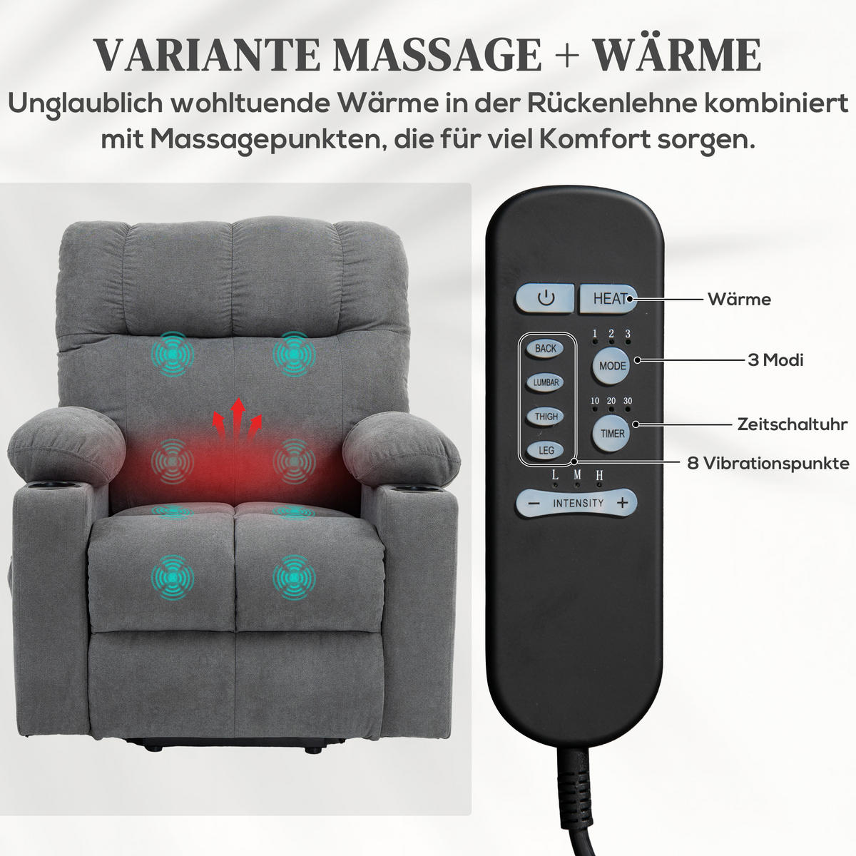 FERNSEHSESSEL mit Aufstehhilfe, Grau - Schwarz/Grau, Textil/Metall (95/109/91cm) - HOMCOM