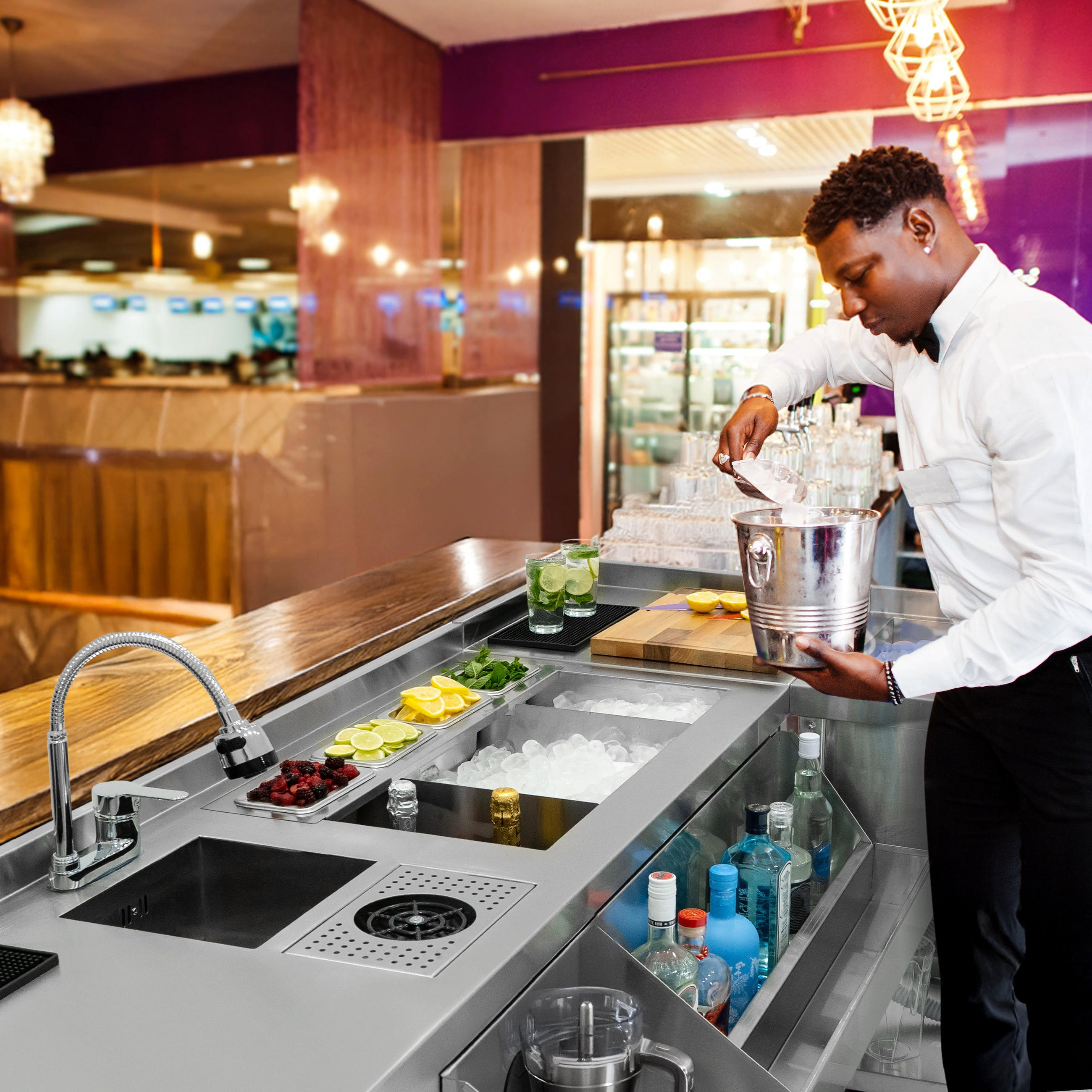 COCKTAILBAR-STATION mit Eisbrunnen, modular - Silberfarben, Metall (152/80.8/78cm)