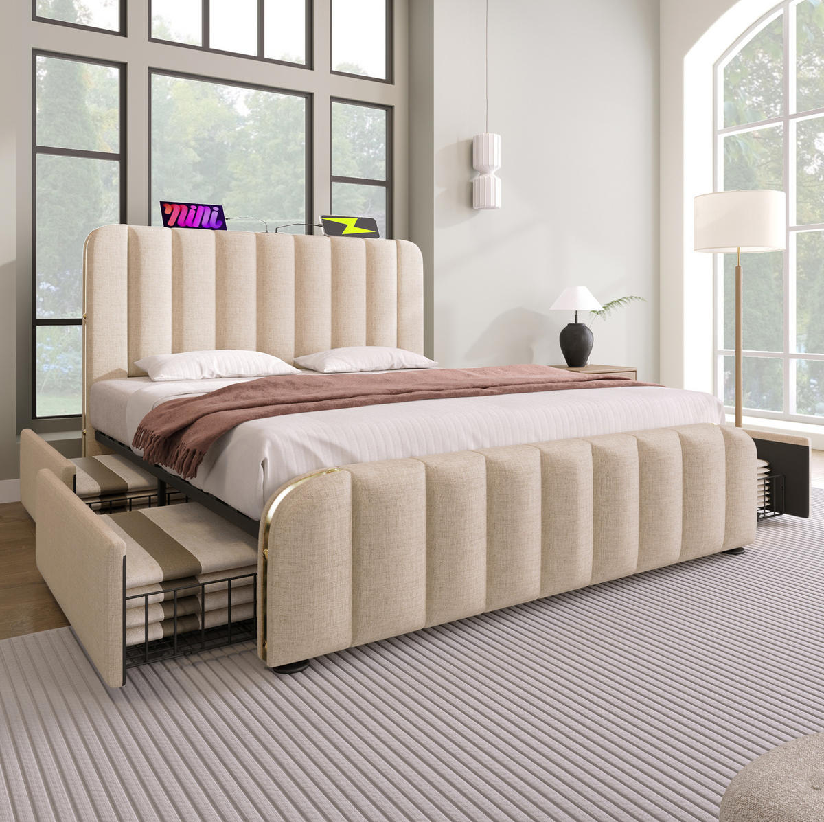 POLSTERBETT mit Matratze, USB und 4 Schubladen 160x200 cm Beige Leinen - Beige, Metall (160/200cm) - Meubliv