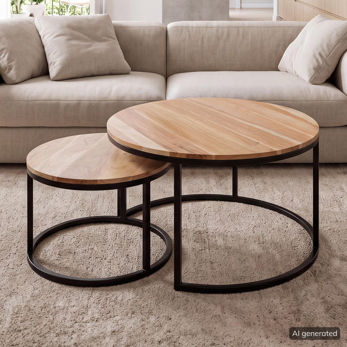 COUCHTISCH-SET - 2-teilig - Schwarz/Akaziefarben, Holz/Metall (80/80/42cm) - home24
