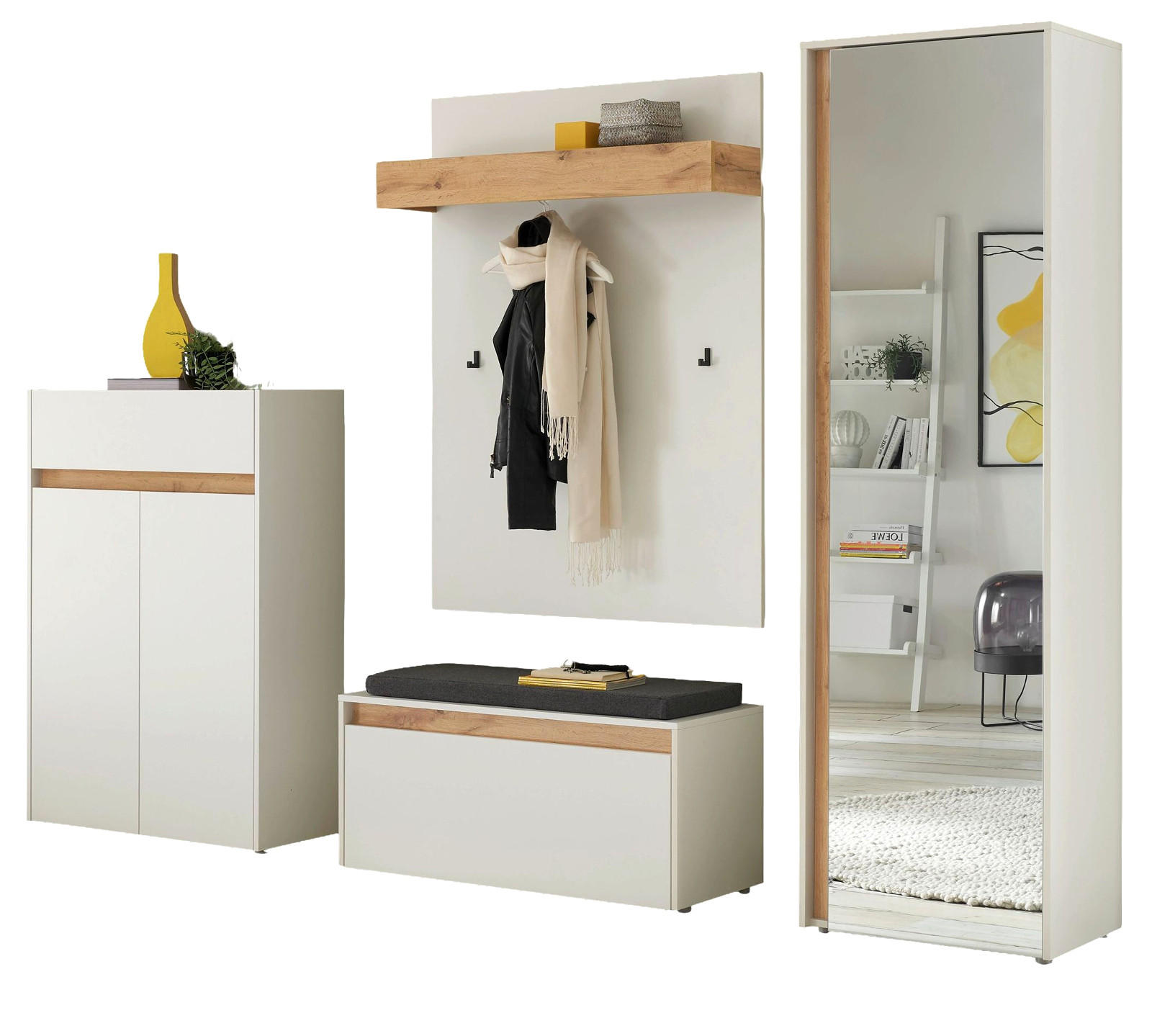 GARDEROBEN-SET 5-teilig weiß matt, Eiche Wotan 265 cm, Flurmöbel mit viel Stauraum - Eiche Wotan/Schwarz, Glas/Holzwerkstoff (265/200/40cm) - Furn.Design