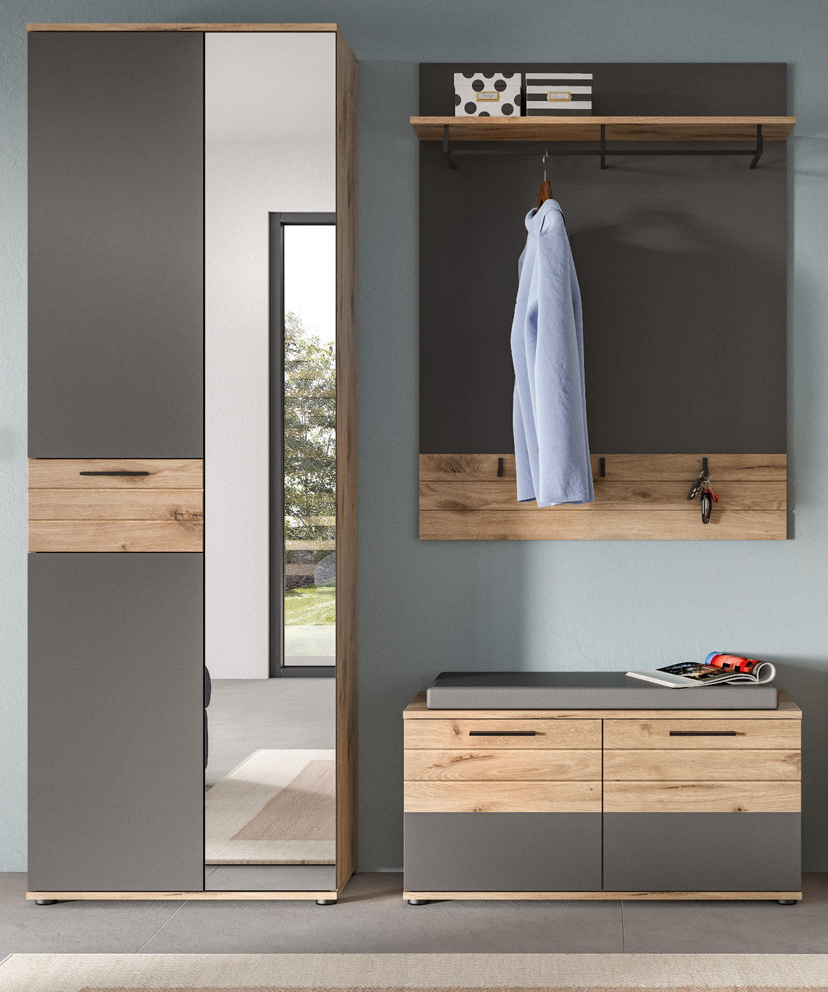 GARDEROBEN-SET Eiche, grau 3-teilig 175 cm mit Soft-Close - Eichefarben/Schwarz, Glas/Holzwerkstoff (175/200/37cm) - Inn.Furn