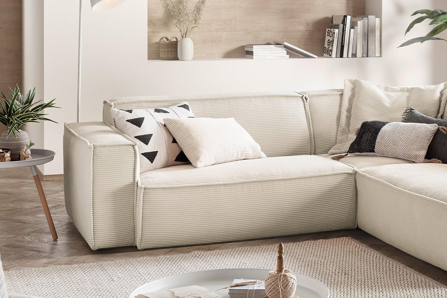 ECKSOFA SAMU Cremeweiß Cord - Creme/Schwarz, Textil (254/224cm) - KAWOLA