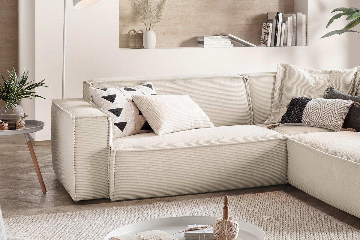 ECKSOFA SAMU Cremeweiß Cord - Creme/Schwarz, Textil (254/224cm) - KAWOLA