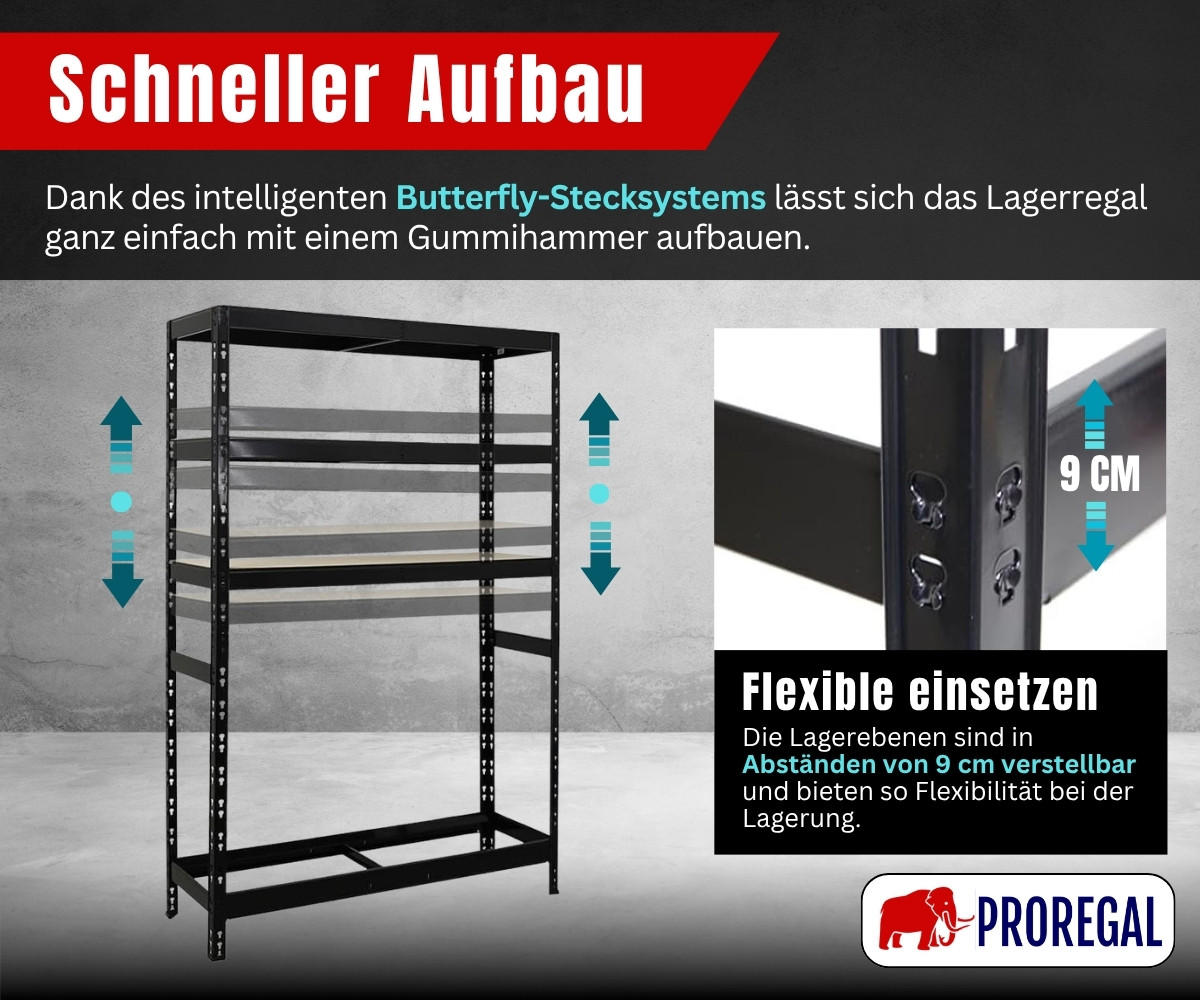 REIFENREGAL Tiger 180x120x40 cm bis zu 6 Reifen auf 1 Ebene + 3 Ablagen Schwarz - Schwarz, Metall (120/180/40cm) - PROREGAL