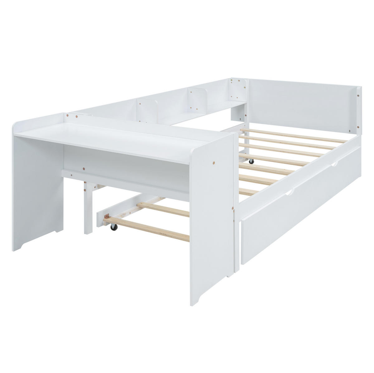 KINDERBETT 90/200 cm aus Kiefer/MDF mit Ausziehbett, Schreibtisch und 3 Regalen, Weiß - Weiß, Holzwerkstoff (90/200cm) - Redom