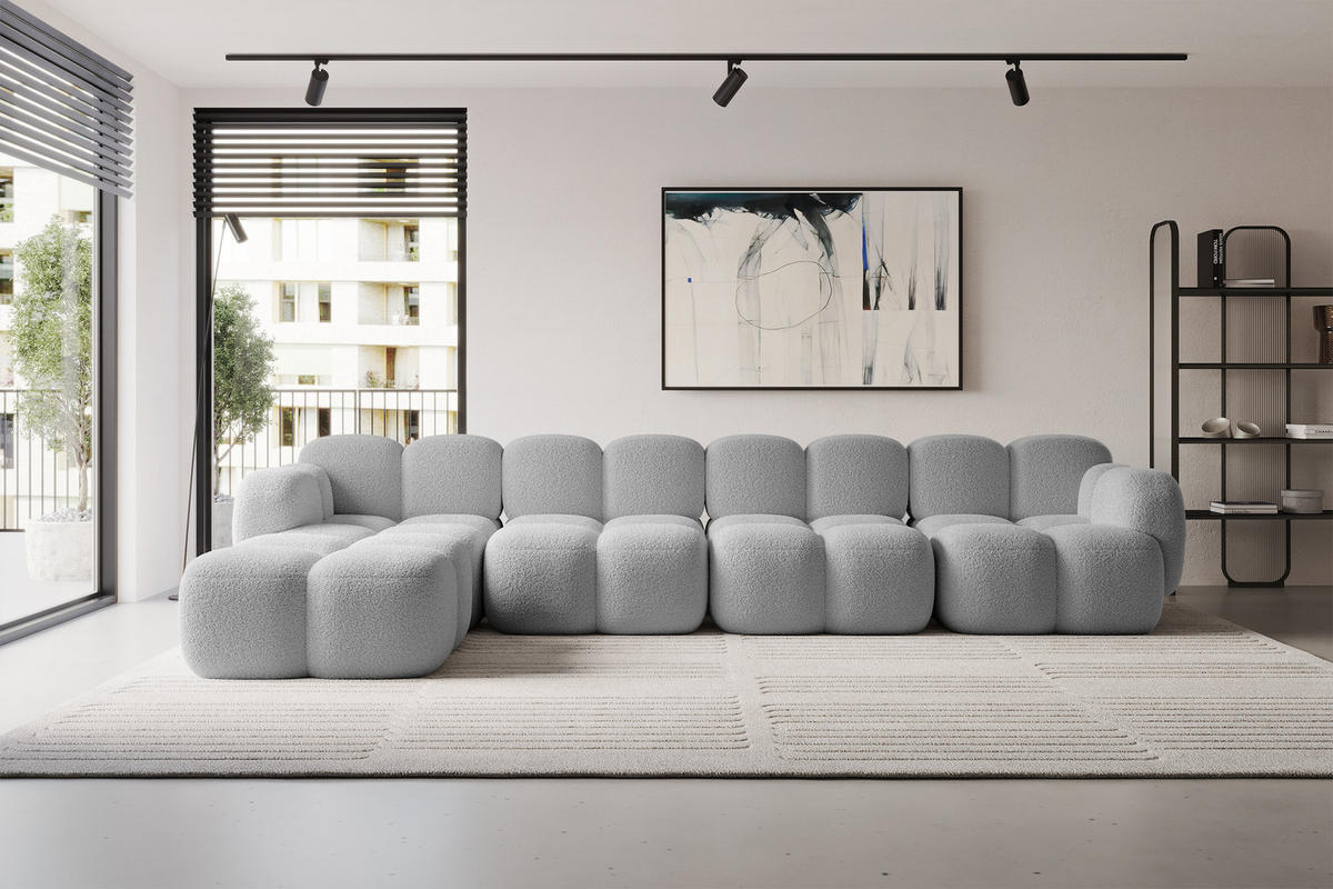 ECKSOFA modulares Sofa Links Miko-L3 390x205x75 Hellgrau Bouclé - Edelstahlfarben/Schwarz, Holzwerkstoff/Kunststoff (390/205cm) - ALTDECOR