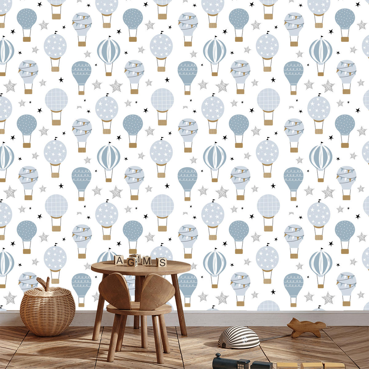 VLIESTAPETE Heißluftballons und Sterne – Hellblau, Beige, Weiß – 50x1000 cm - Beige/Weiß, Papier (50/1000cm) - Muralo