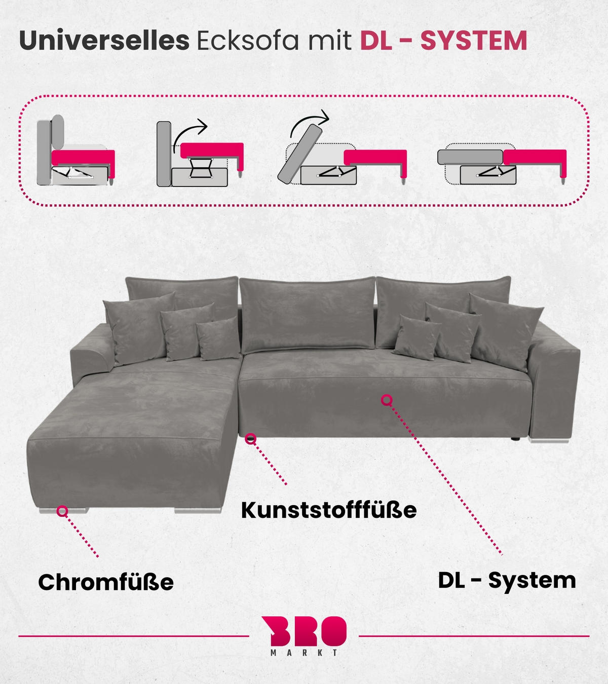 ECKSOFA Sydney mit Schlaffunktion Grau Plüsch - Grau, Textil (280/184cm) - Bromarkt