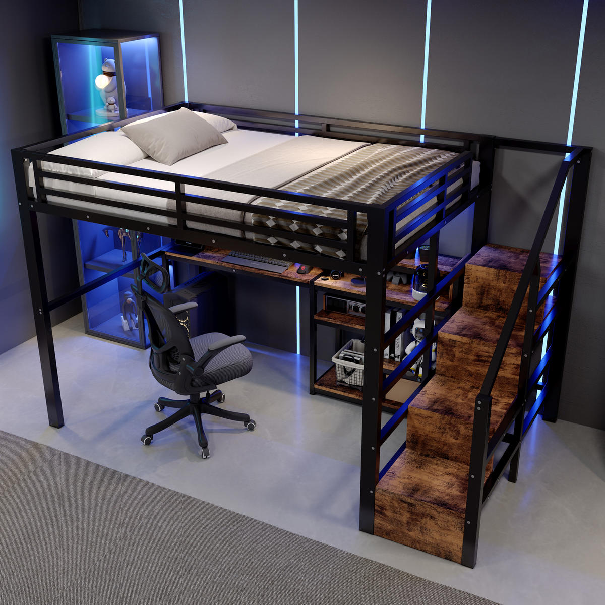HOCHBETT 140/200 cm mit Leiterschrank und LED, DE-41996, in Schwarz - Schwarz, Metall (140/200cm) - ComfortXL