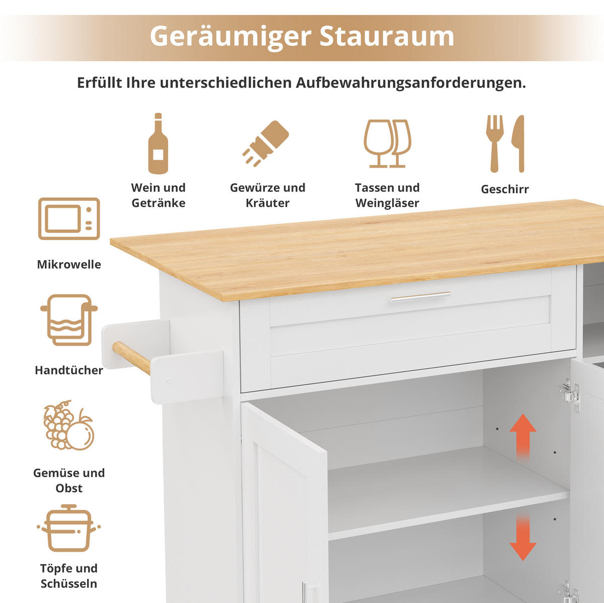 KÜCHENINSEL 132,5/44(70)/90 cm aus MDF mit klappbarer Arbeitsplatte Weiß/Naturfarben - Weiß, Holzwerkstoff (132.5/90/70cm) - Modenvie