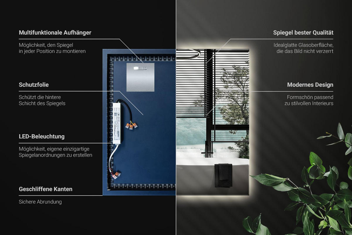 LED-SPIEGEL 50x50 cm Rechteckig Neutralweiß 4000K - Transparent, Glas (50/50/0.4cm) - Wallfluent