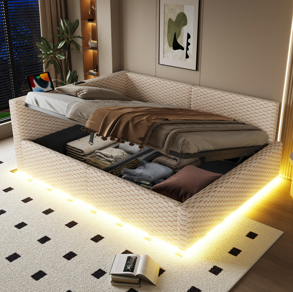 POLSTERBETT mit Stauraum und LED 140x200 cm Samt Beige - Beige, Metall (140/200cm) - Meubliv