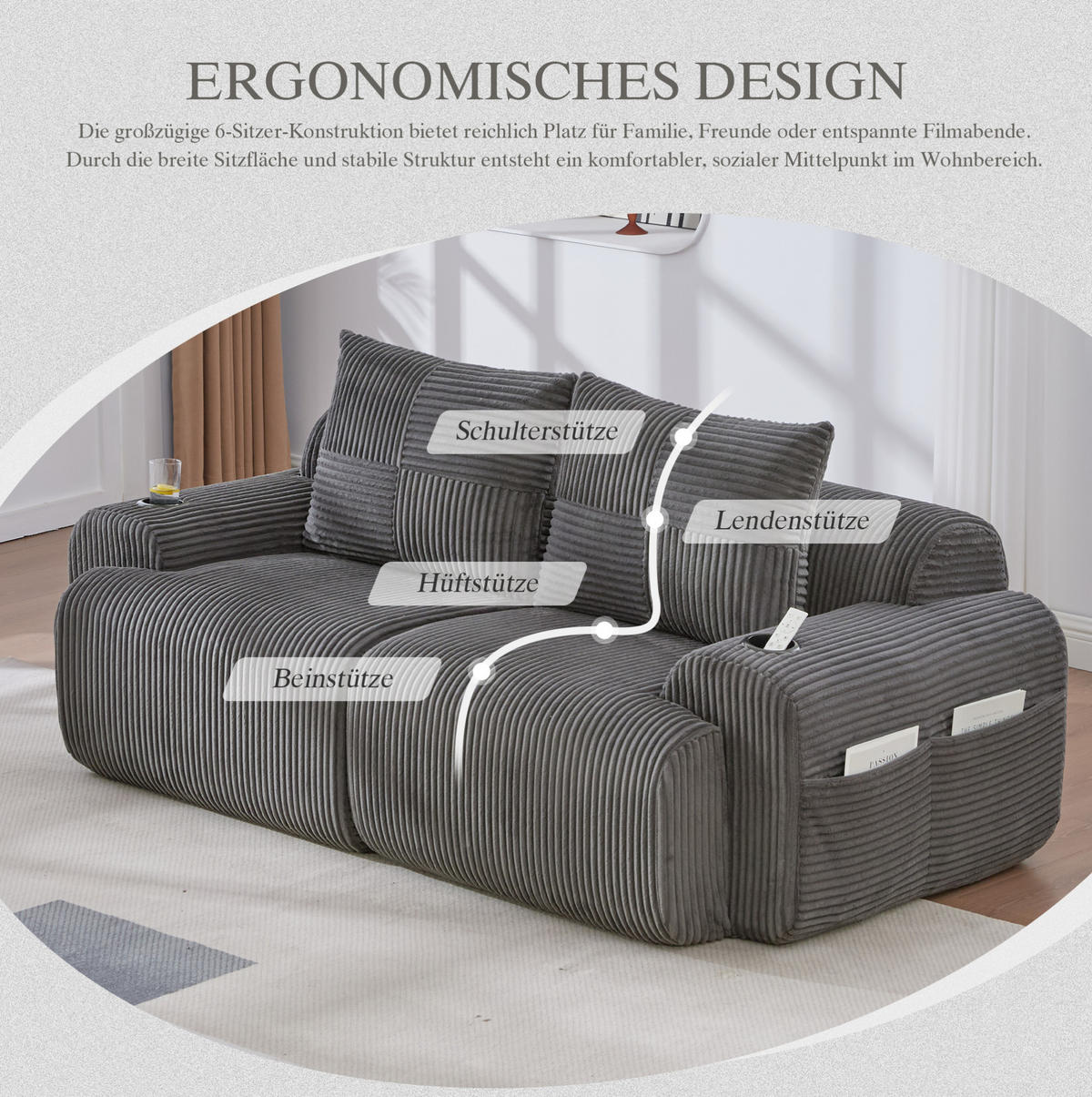 SOFA od samta, 200/99/80 cm tamnosiva, dvosjed s držačem za piće i bočnim džepom - tamno siva, tekstil (100/80/200cm) - BEAOK