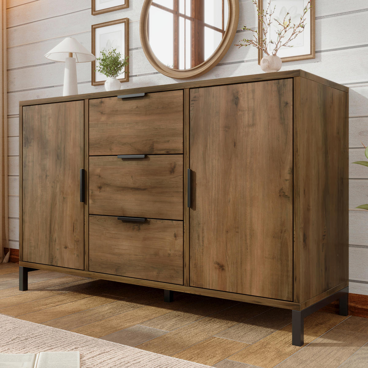 KOMMODE 120x40x76 cm Dunkle Eiche mit 3 Schubladen - Dunkelgrau, Holzwerkstoff (120/76/40cm) - FLIEKS