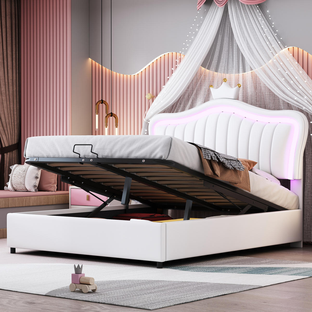 POLSTERBETT 140/200 cm weiß hydraulisches Stauraumbett mit LED-Beleuchtung und verstellbarem Kopfteil - Weiß, Textil (140/200cm) - OKWISH