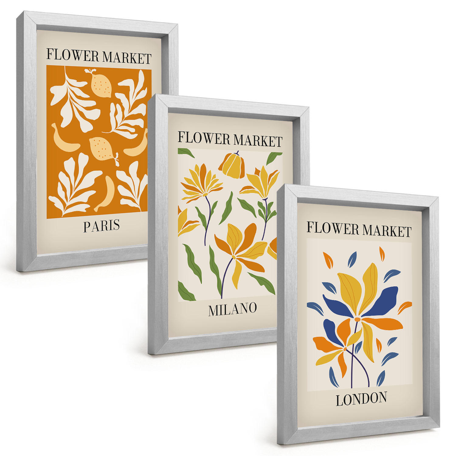 BILDER SET 3er Set - 20x30 cm Silberner Rahmen - Blumenposter Paris Mailand London - Silberfarben, Kunststoff (20/30cm) - TULUP