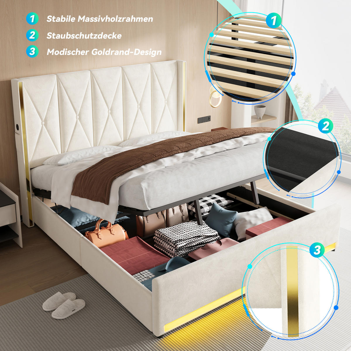 POLSTERBETT 180/200 cm Beige mit LED-Beleuchtung und hydraulische Speicherfunktion - Beige, Textil (180/200cm) - Oxeza