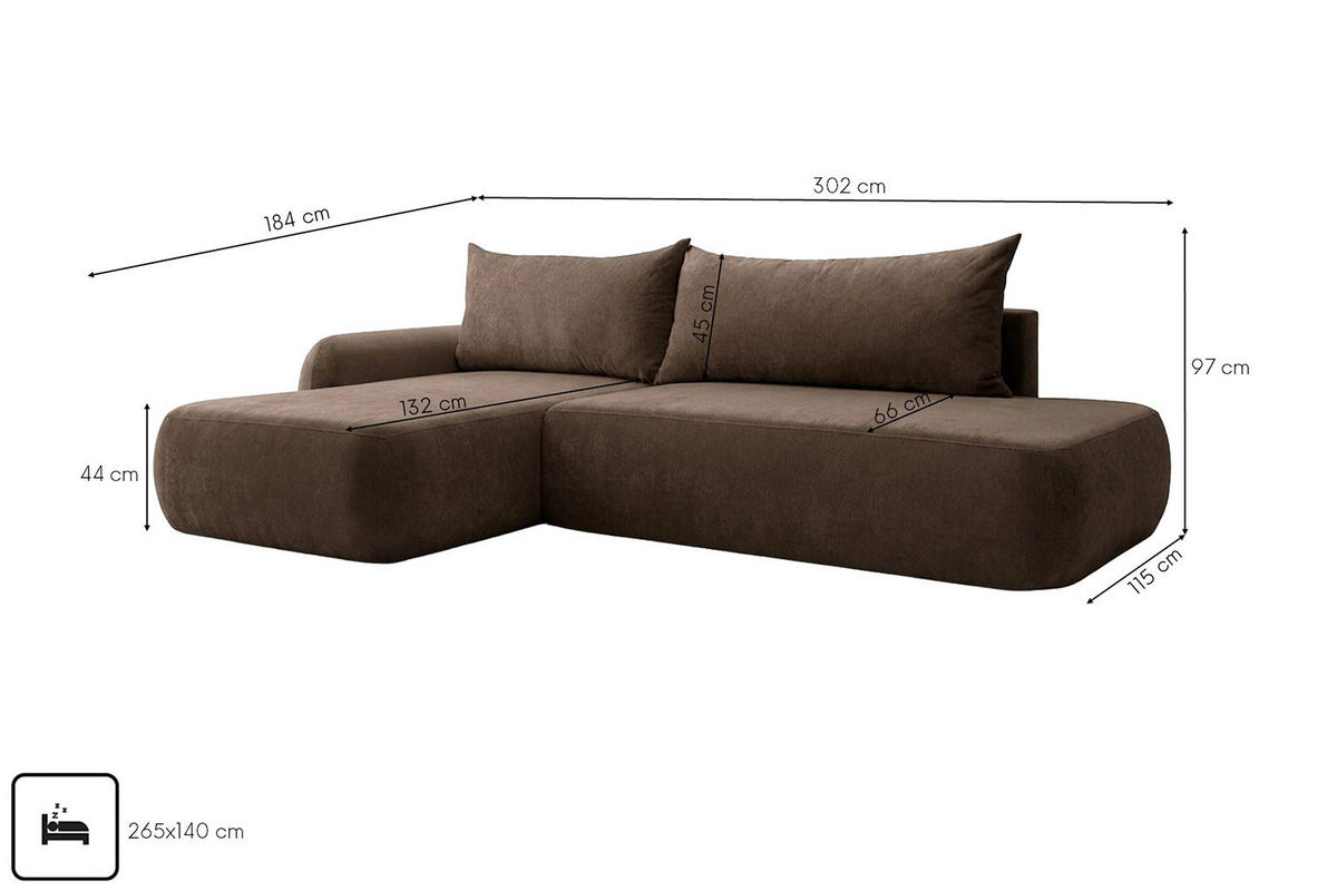 ECKSOFA Mit Schlaffunktion Und Bettkasten, Velvet-Stoff Vena, Dunkelbeige, Links, HELA I - Beige, Holz (302/184cm) - Kaiser Möbel