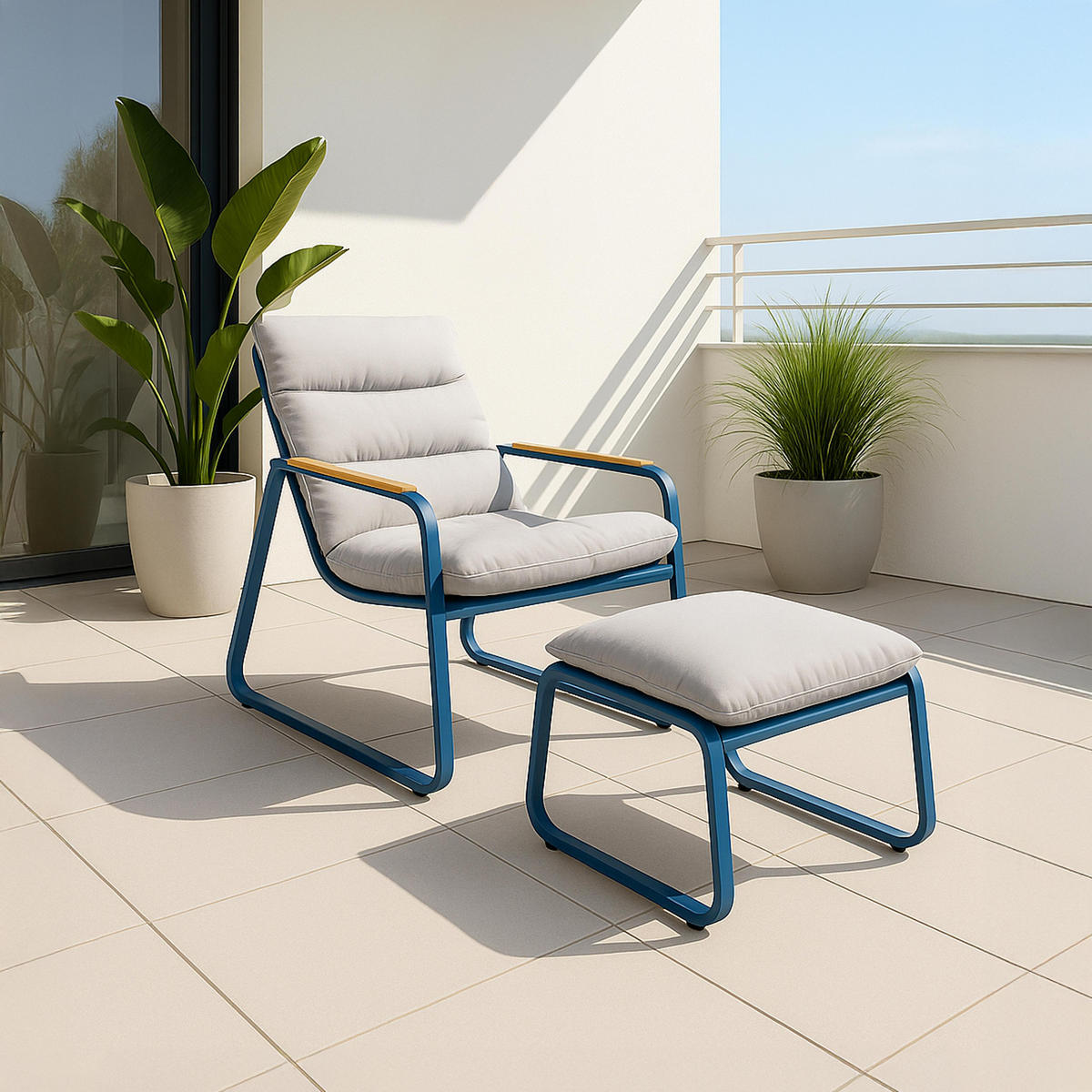 GARTEN-RELAXSESSEL mit Fußstütze, Pazifikblau - Blau, Textil (72/77/91cm) - Oviala