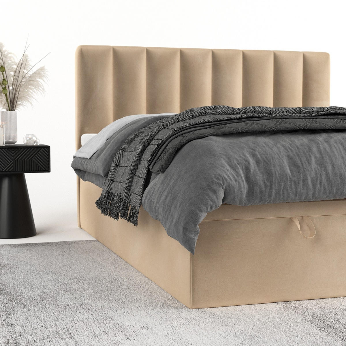 BOXBETT Lume 180/200 cm Beige im Kronos Stoff - Beige/Schwarz, Holz/Holzwerkstoff (180/200cm) - AltaBeds