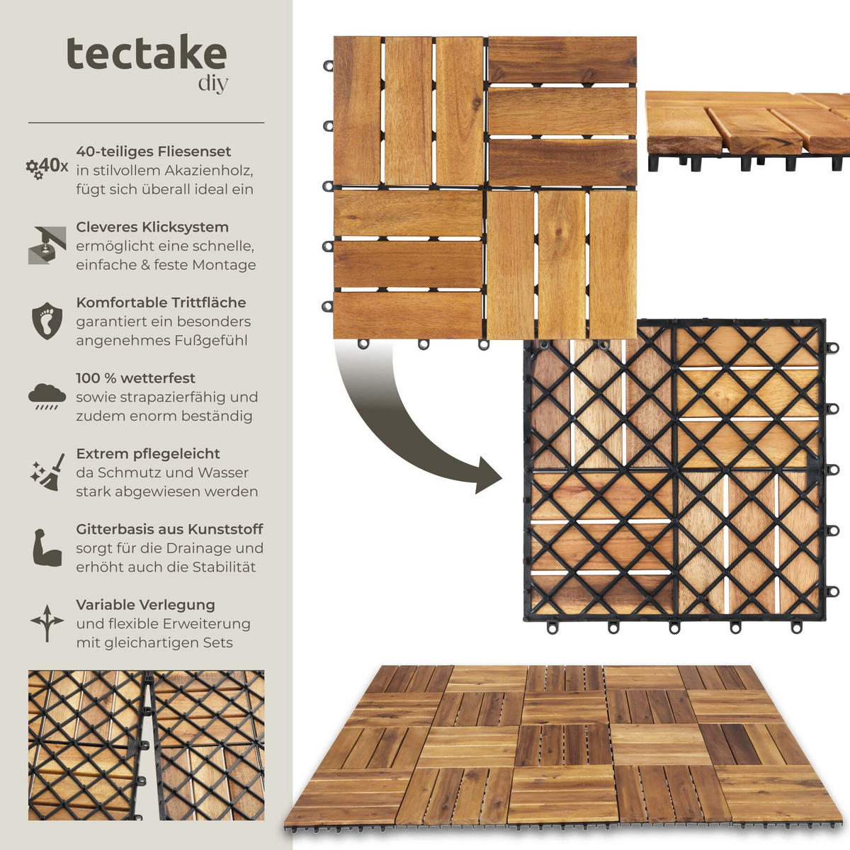 TERRASSENFLIESEN Tabula 40er Set, 31 x 31 x 2,2 cm, braun - Braun, Holz (31/31/2.2cm) - tectake