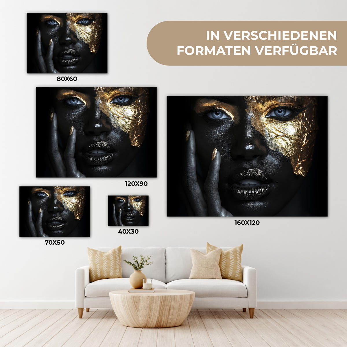 LEINWANDBILD Frau - Gold - Porträt - Schwarz-Weiß - Luxus Wandbilder 80x60 cm - Hellblau, Textil (80/60cm) - MuchoWow