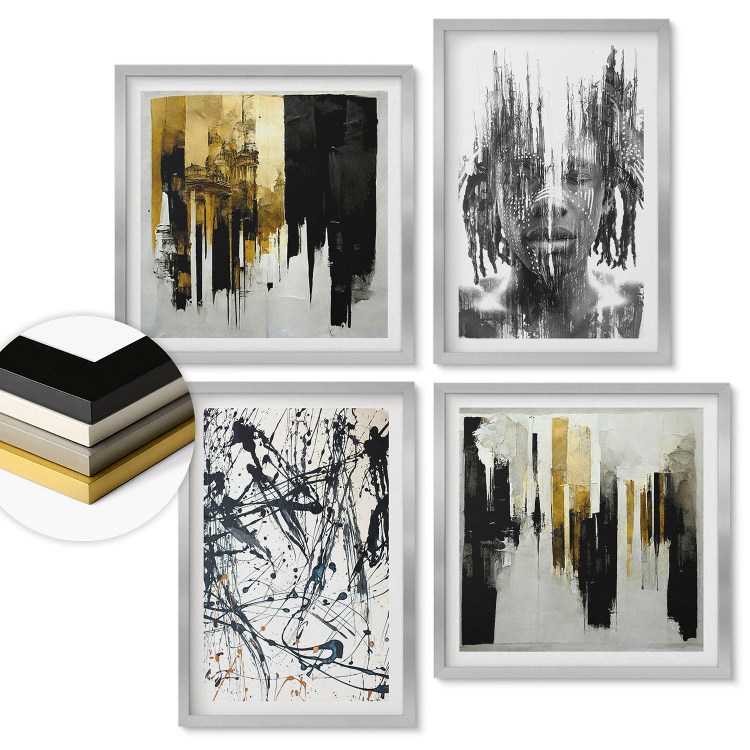 WANDBILDER 4er Set - 50x50 cm & 40x60 cm Silberner Rahmen - Kontrastierende abstrakte Porträts - Silberfarben, Kunststoff (50/50cm) - ArtPrintCave