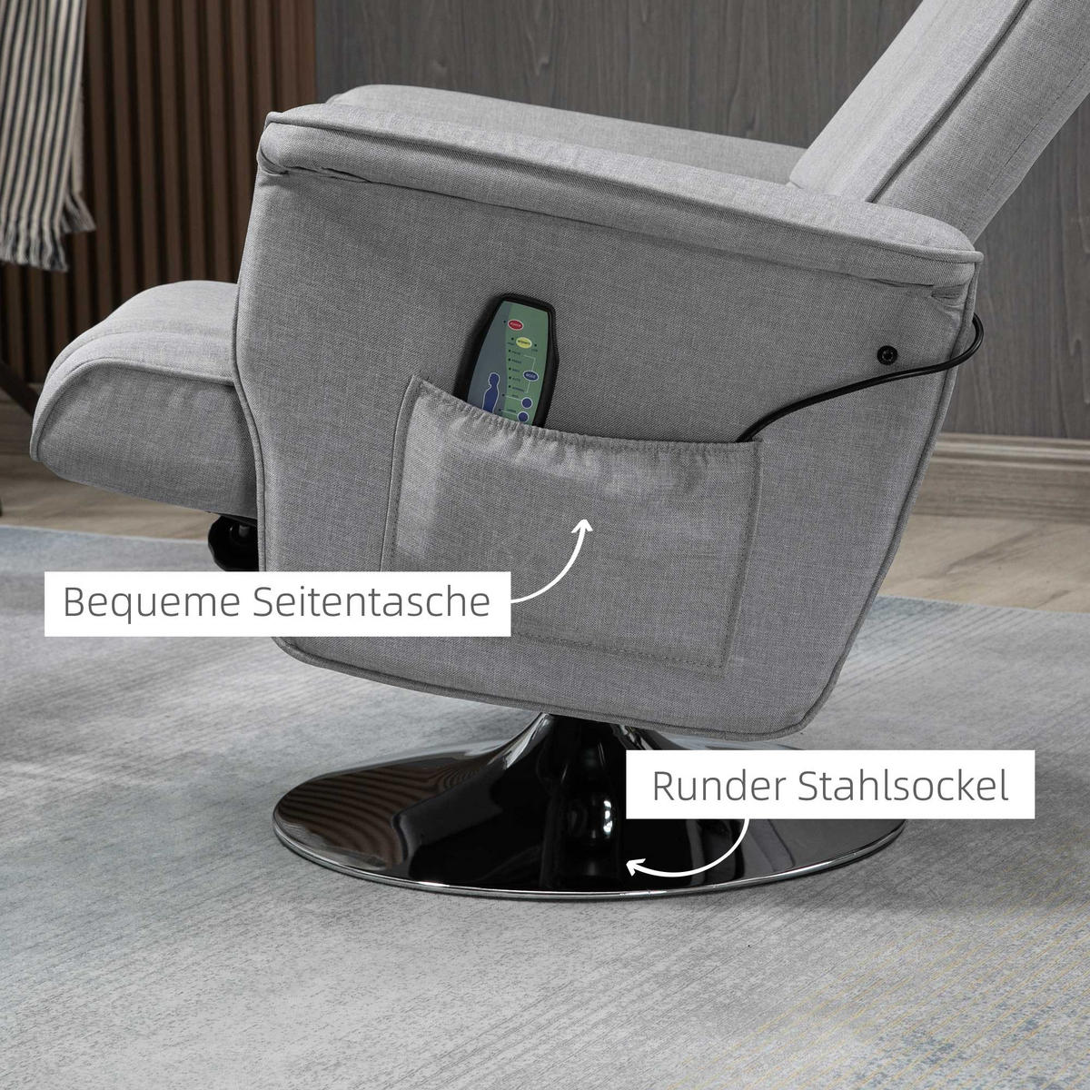 MASSAGESESSEL mit Fußhocker, Elektrischer Relaxsessel mit Liegefunktion Stahl - Chromfarben/Hellgrau, Textil/Metall (95/88/78cm) - HOMCOM