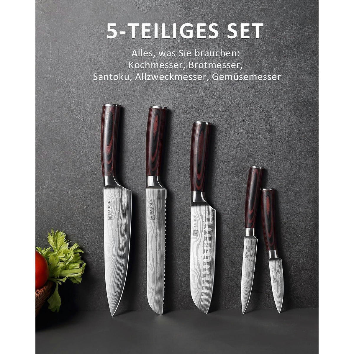 KÜCHENMESSERSET 5-teilig Carbon Edelstahl Pakkawood-Griff - Multicolor, Metall