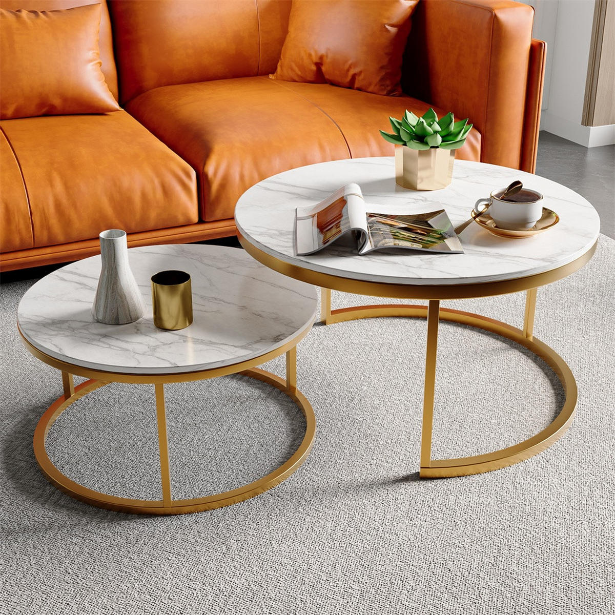 COUCHTISCH 2er-Set - Runder Beistelltisch in Marmoroptik Weiß mit Metallgestell - Gold - Goldfarben, Holzwerkstoff (80/80/45cm) - DELFA