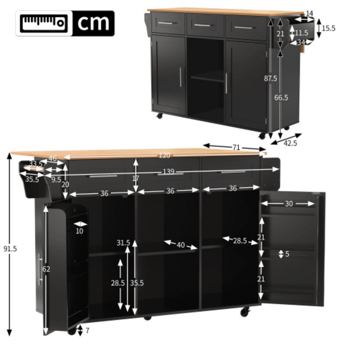 KÜCHENINSEL schwarz aus MDF mit klappbarer Erweiterungsplatte 139 × 46 × 91,5 cm - Schwarz, Holzwerkstoff (139/91.5/71cm) - Luhomfu