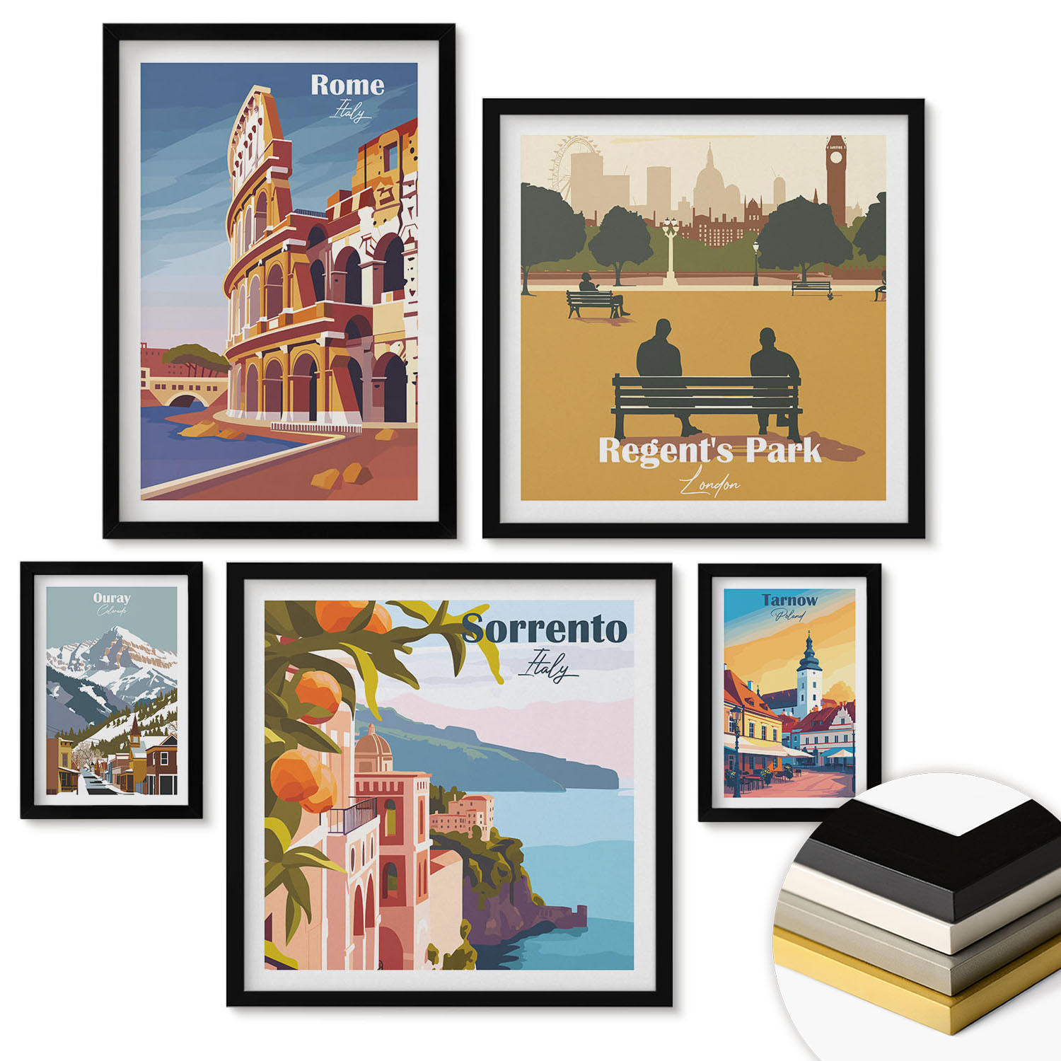WANDBILDER 5er-Set - 50x50 cm & 20x30 cm & 40x60 cm Schwarzer Rahmen - Boho-Papaya-Fruchtmuster - Schwarz, Kunststoff (40/60cm) - ArtPrintCave