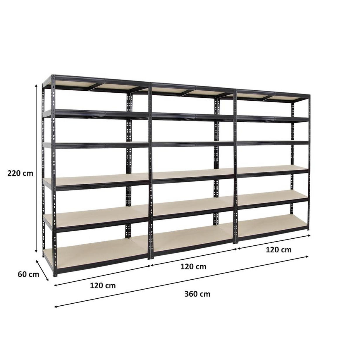 SCHWERLASTREGAL Giant Tiger XL 3er-Set mit 3x 220x120x60 cm Fachlast 265 kg 6-Ebenen Schwarz - Schwarz, Metall (360/220/60cm) - PROREGAL