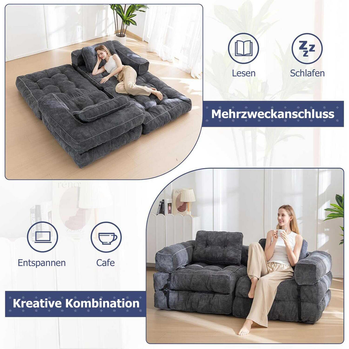 SOFA 1 Sitzer faltbar mit Armlehnen, 170x85 cm, für Wohnzimmer & Schlafzimmer,Grau - Grau, Textil (86/21/170cm)