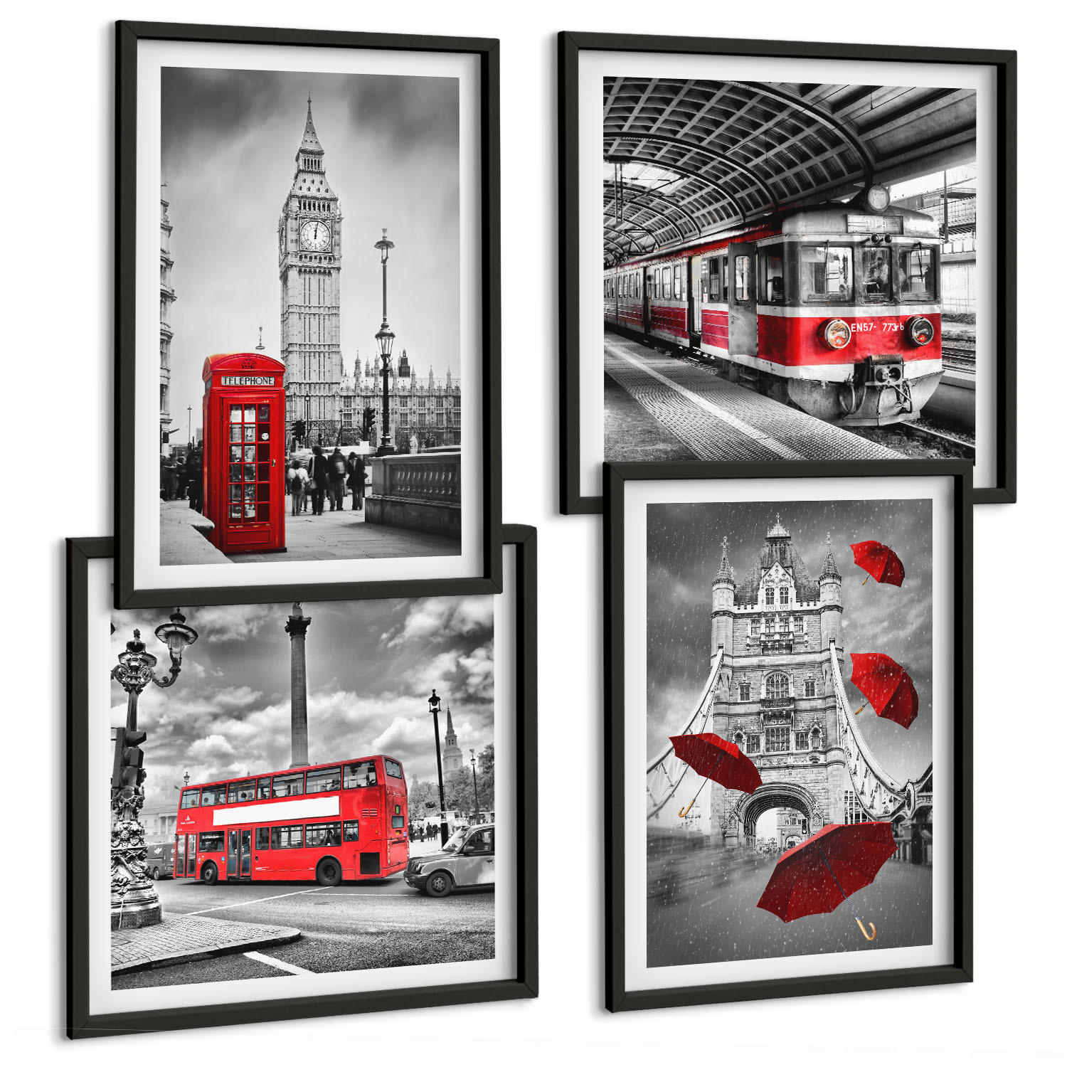 BILDER SET 4er Set - 50x50 cm & 40x60 cm Schwarzer Rahmen - Red Accents London - Schwarz, Kunststoff (50/50cm) - TULUP