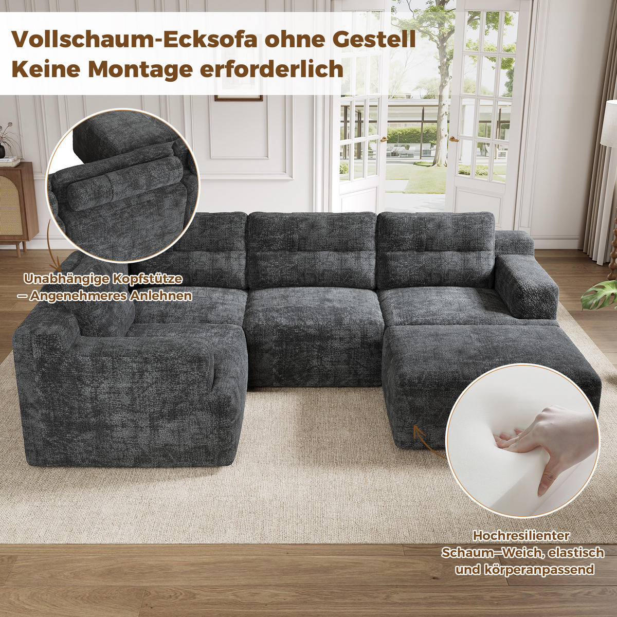 WOHNLANDSCHAFT 252/180/82 cm Grau mit 1 Fußhocker - Grau, Textil (252/82/180cm) - Oxeza